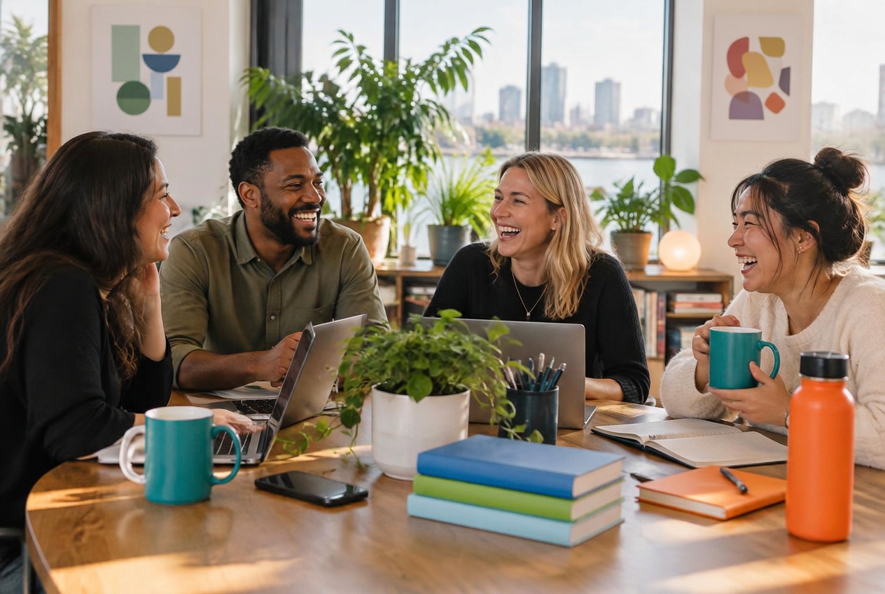 Artizen team members laughing together around a table in a sunlit office