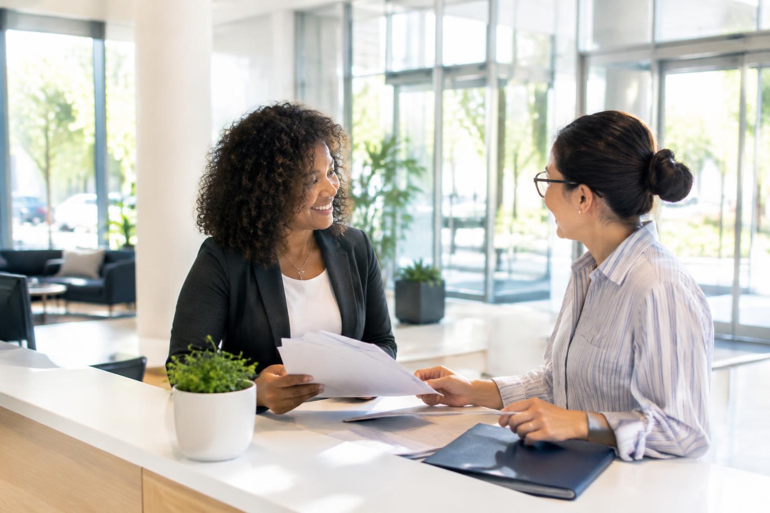 Two administrative professionals chatting at a front-office desk