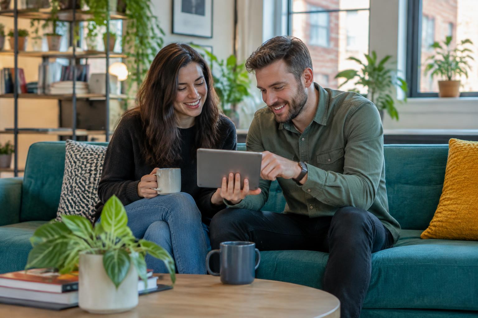 Two colleagues reading and discussing career tips on a tablet