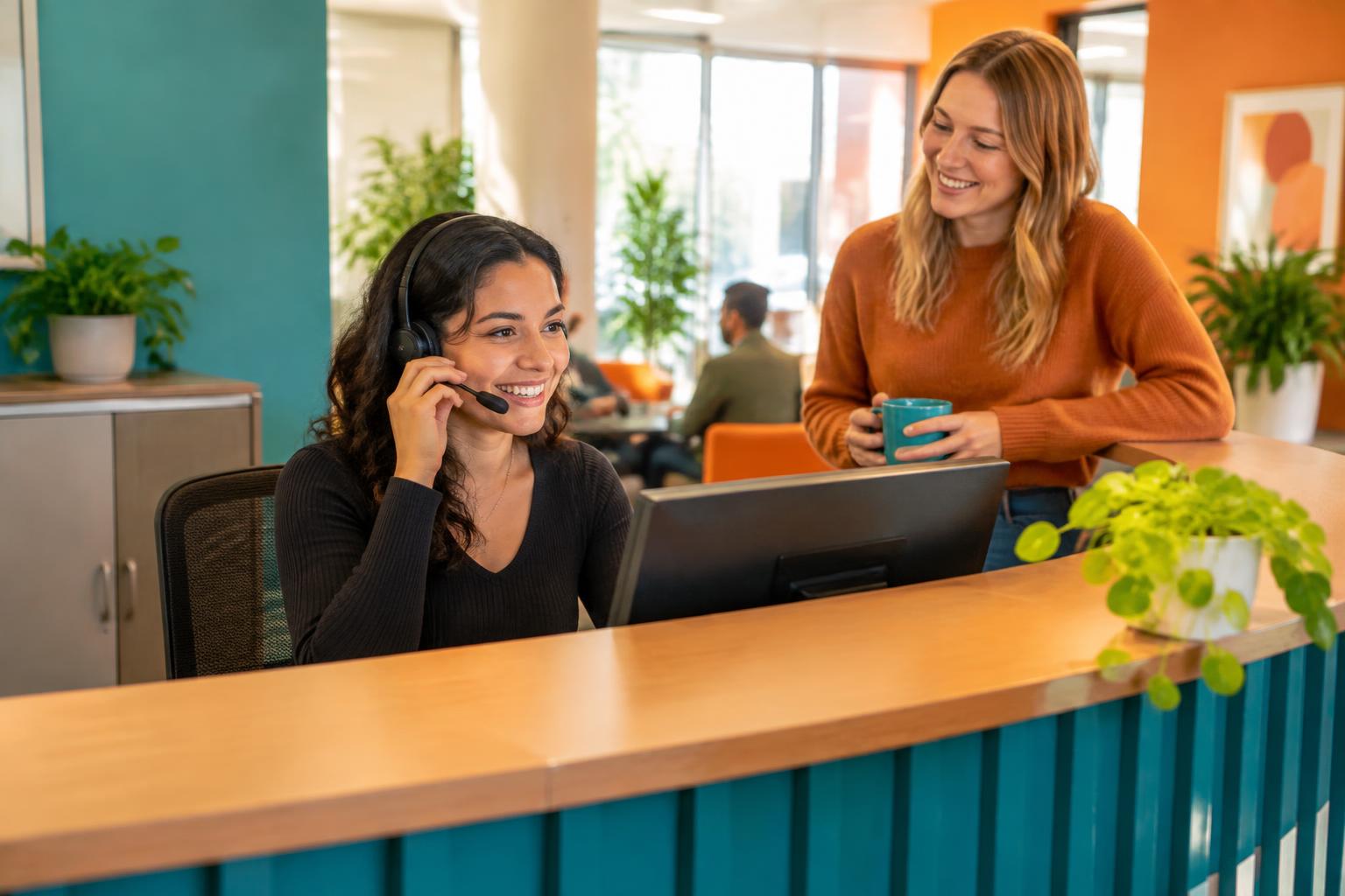 A friendly Artizen team member answering a call at the front desk