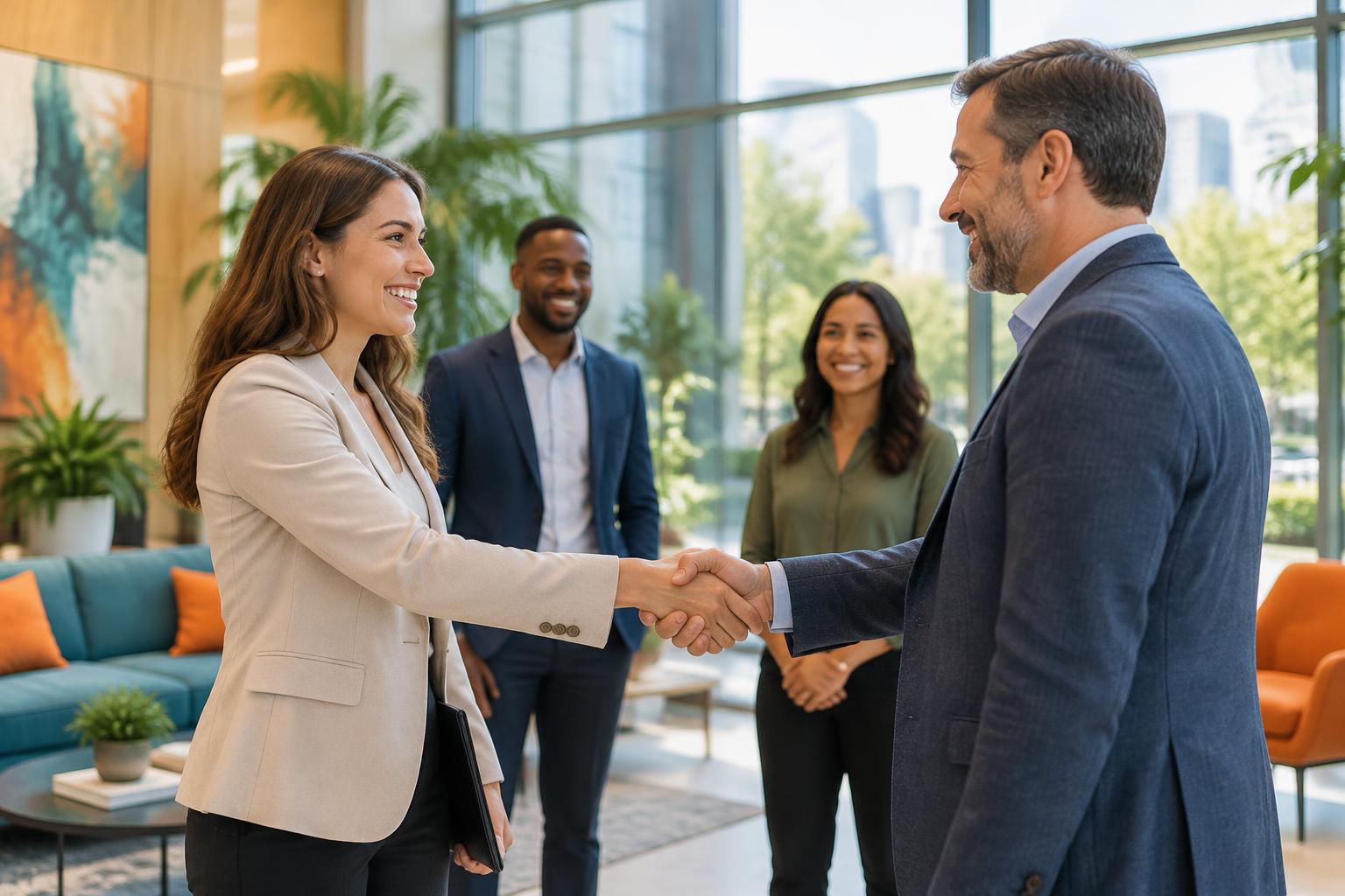 An Artizen recruiter shaking hands with a hiring manager in a bright office lobby