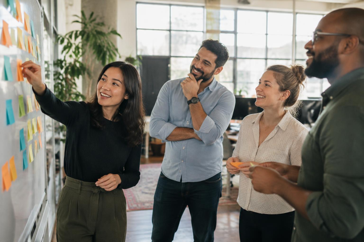 A hiring team and recruiter planning together at a whiteboard of sticky notes