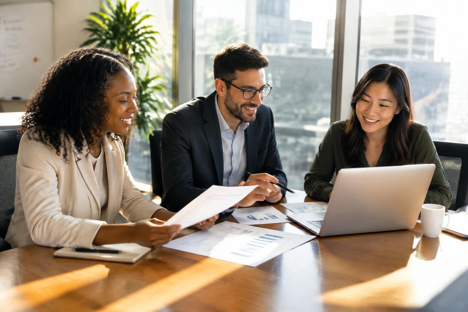 A finance team reviewing reports together at a sunlit conference table