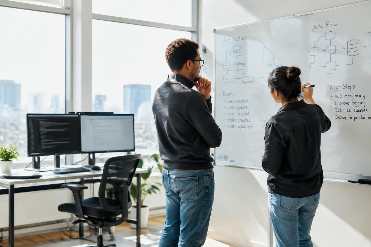 Two engineers collaborating at a whiteboard in a bright tech office