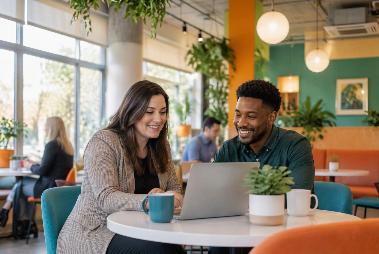 An Artizen recruiter reviewing job opportunities with a candidate over coffee