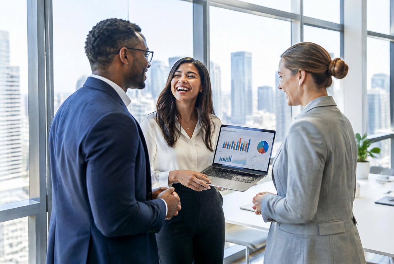 A sales and marketing team laughing together around a laptop with charts